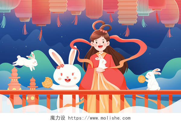 红色中秋节嫦娥兔子灯笼插画